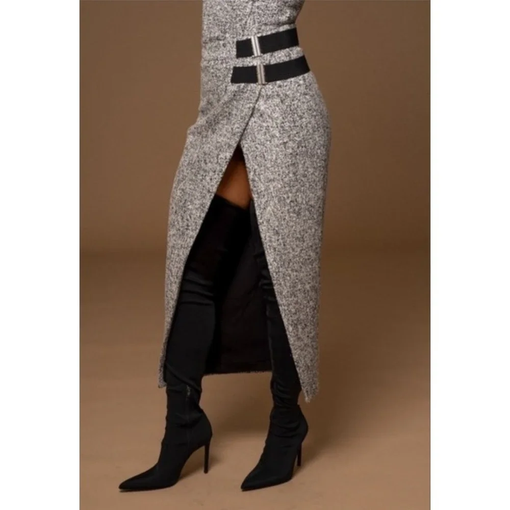 JLUXLABEL Womens Gisele Light Gray Tweed‎ Slit Skirt Sz S NWT